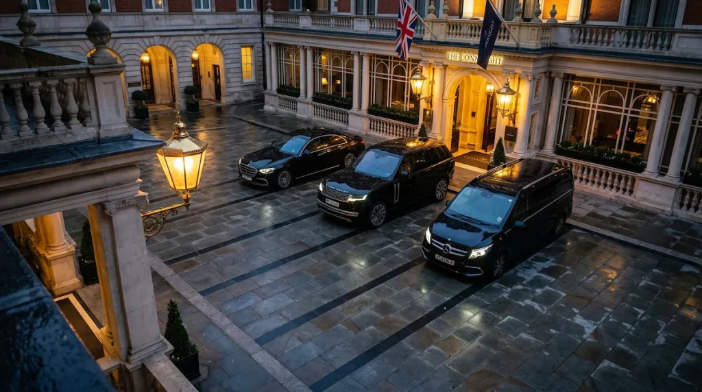 top-chauffeur-london-fleet-s-class-range-rover-v-class-hotel-forecourt-evening