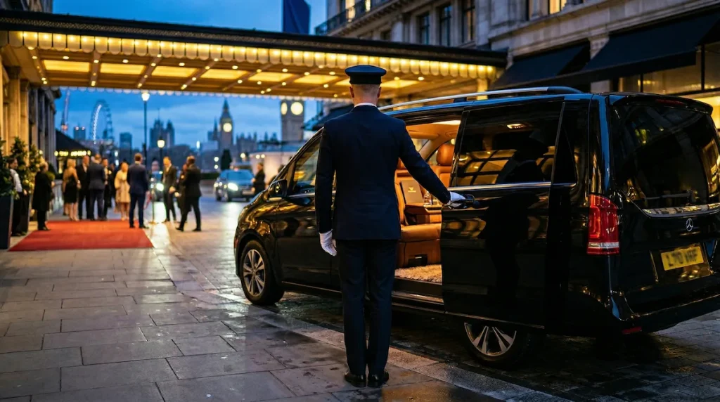 A luxury black sedan chauffeured by a professional driver, parked in front of a high-end hotel. Luxury Car Service