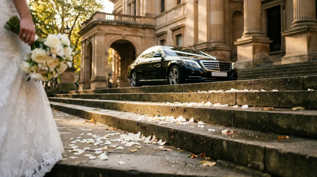 Wedding chauffeur hire London – luxury Mercedes-Benz S-Class with silk ribbons at grand London wedding venue stone staircase