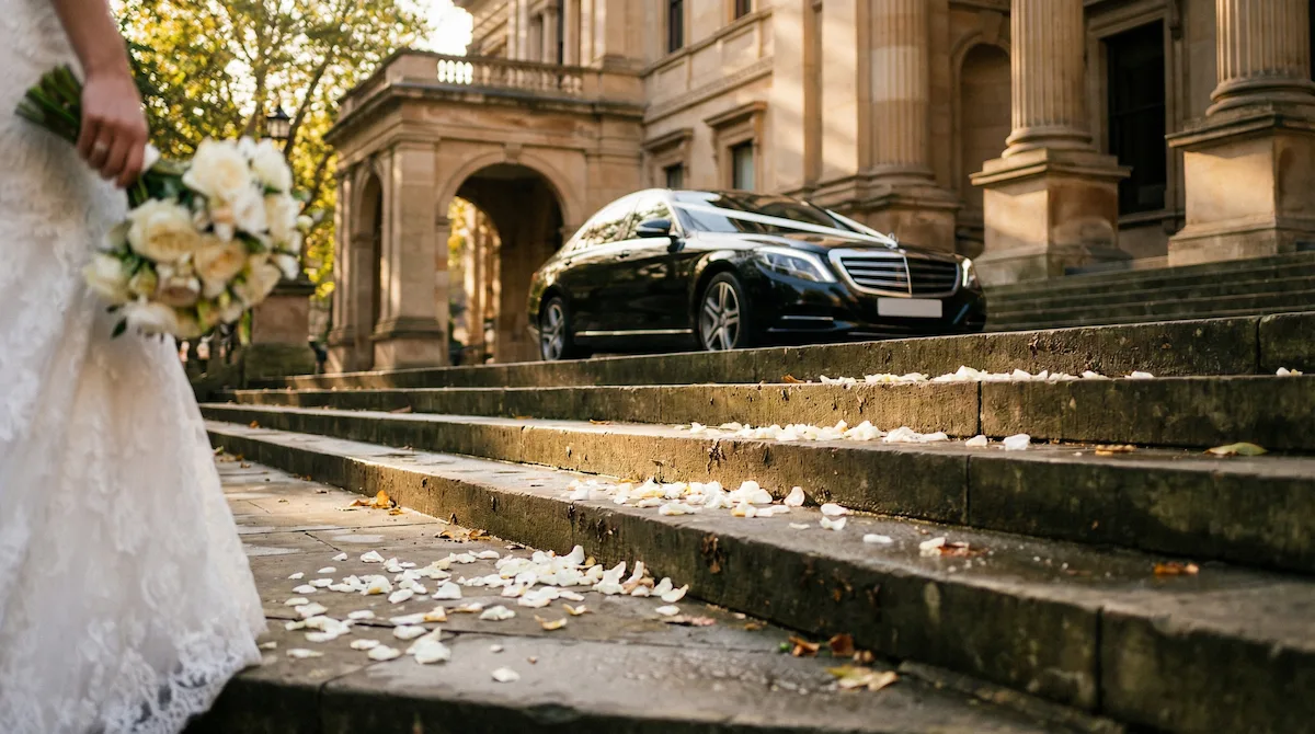 Wedding chauffeur hire London – luxury Mercedes-Benz S-Class with silk ribbons at grand London wedding venue stone staircase