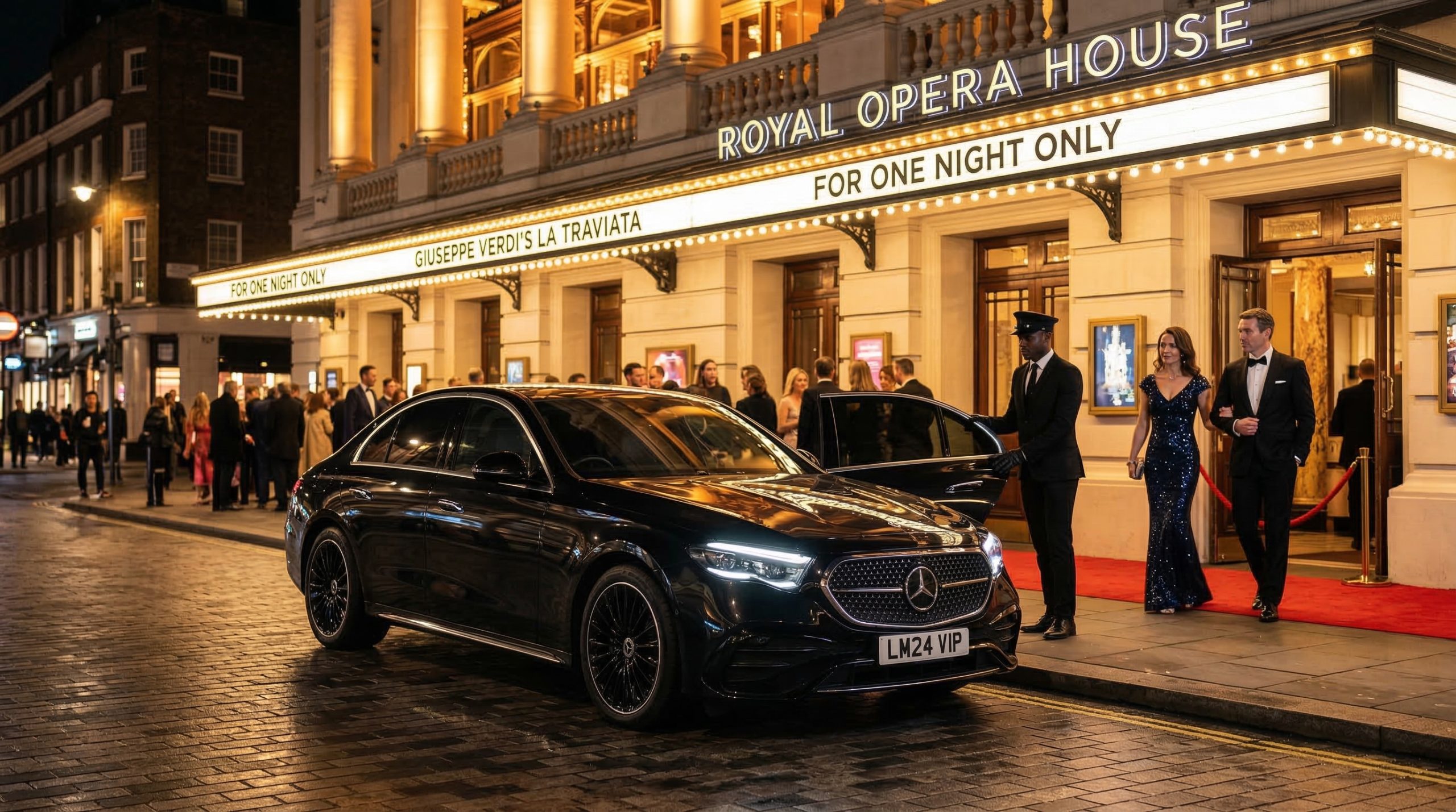 2024 Mercedes-Benz E-Class black chauffeur car outside West End London theatre with couple arriving for evening performance Vinta Rides events and occasions chauffeur service