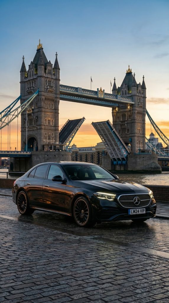 2024 Mercedes-Benz E-Class black chauffeur car parked at Tower Bridge London