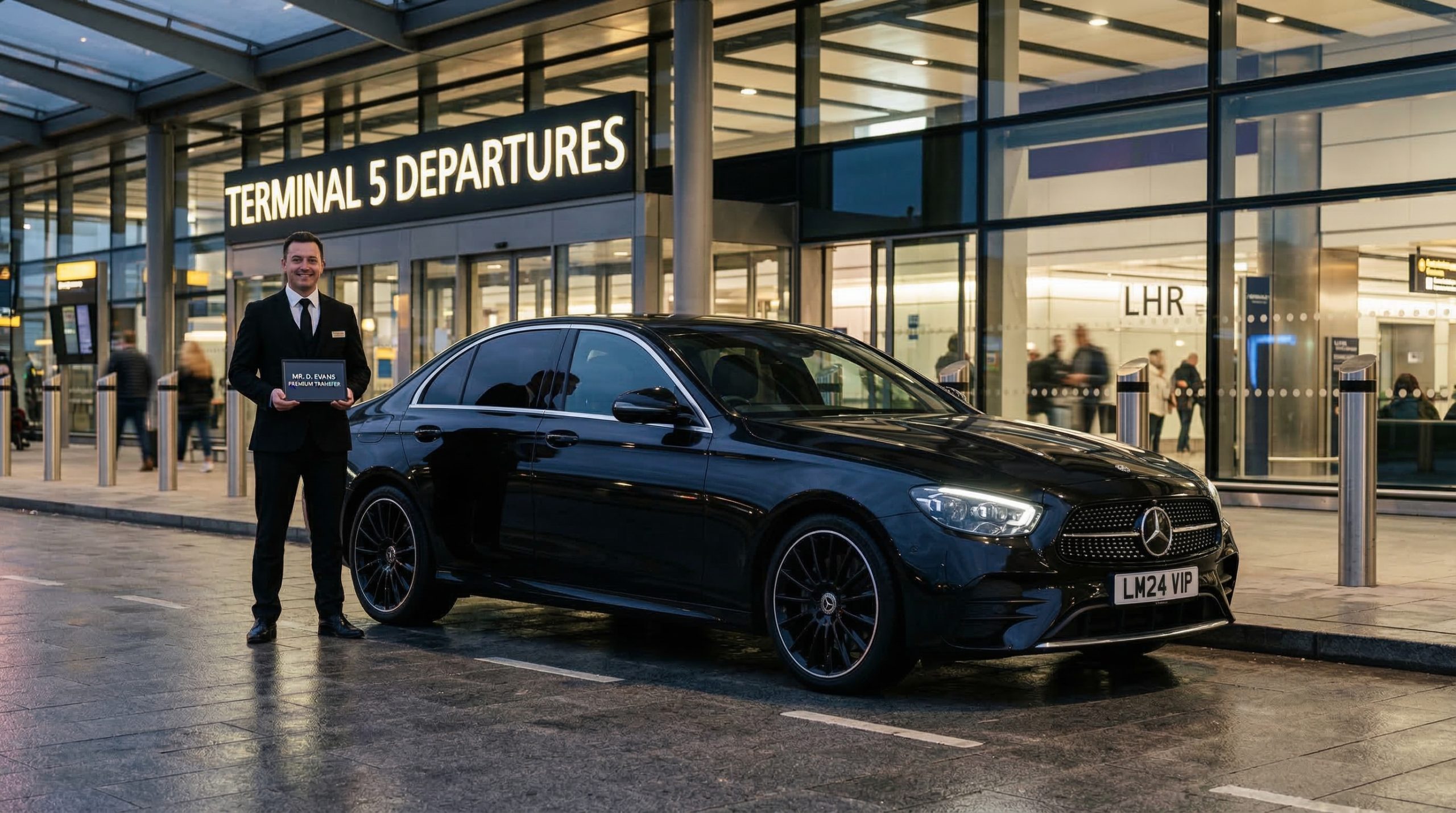 Professional-chauffeur-standing-beside-a-2024-Mercedes-Benz-E-Class-black-saloon-at-London-airport-terminal-entrance-offering-luxury-meet-and-greet-airport-transfer-service