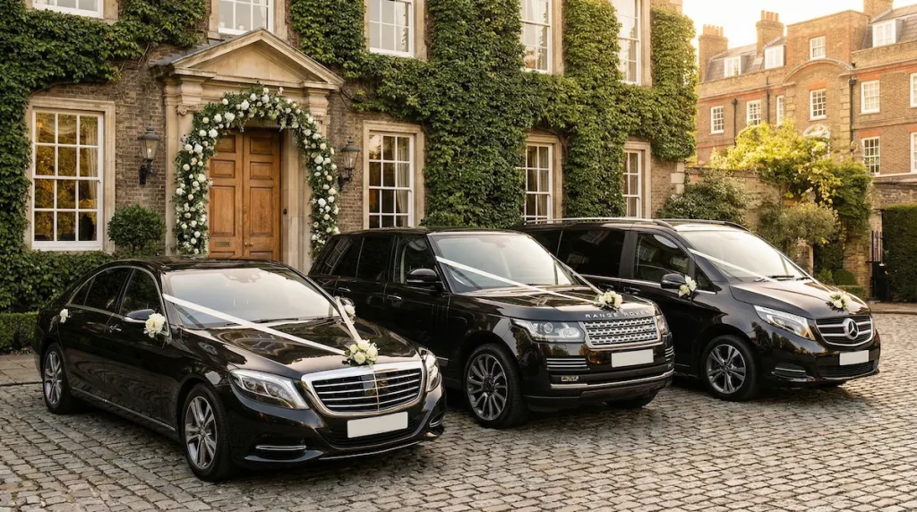 Luxury London wedding car decorated with elegant floral arrangements, transporting the bride and groom on their special day.