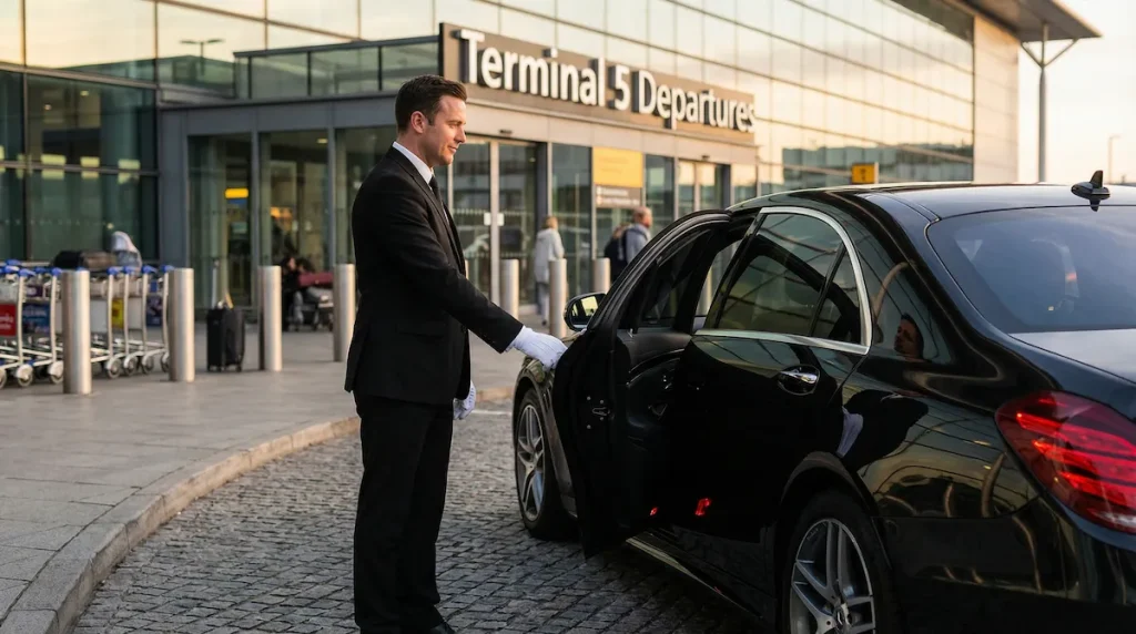 Professional Heathrow chauffeur in black suit standing beside a Mercedes-Benz S-Class at Heathrow Airport Terminal 5