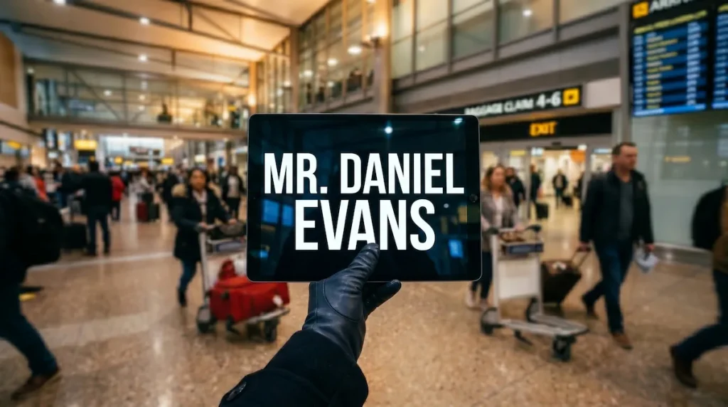 Private chauffeur holding name board in London airport arrivals hall for international visitors