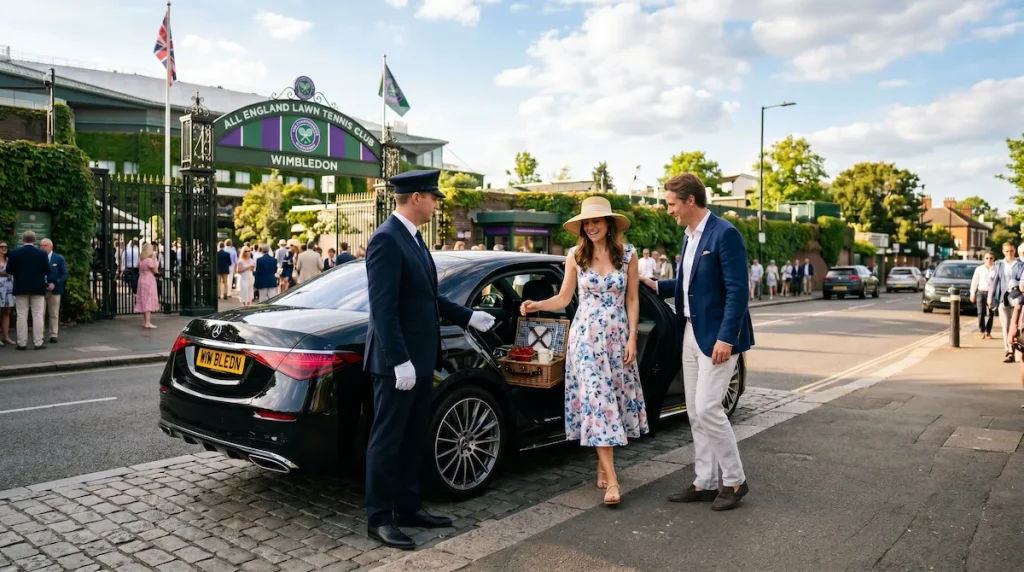 Wimbledon Championships chauffeur service — couple arriving at the All England Lawn Tennis Club in a luxury vehicle