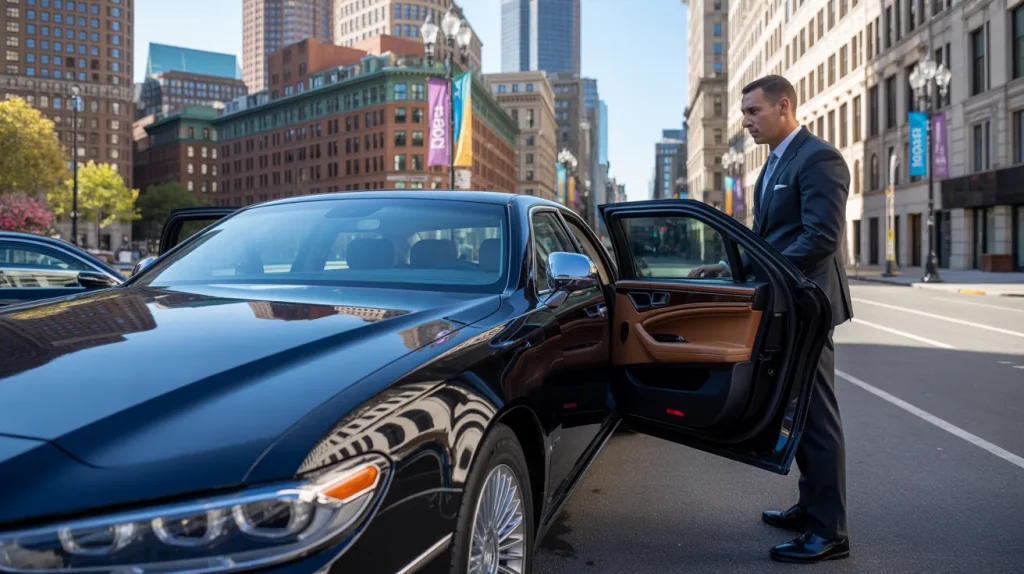 Professional chauffeur service with luxury car and experienced driver providing premium travel experience.