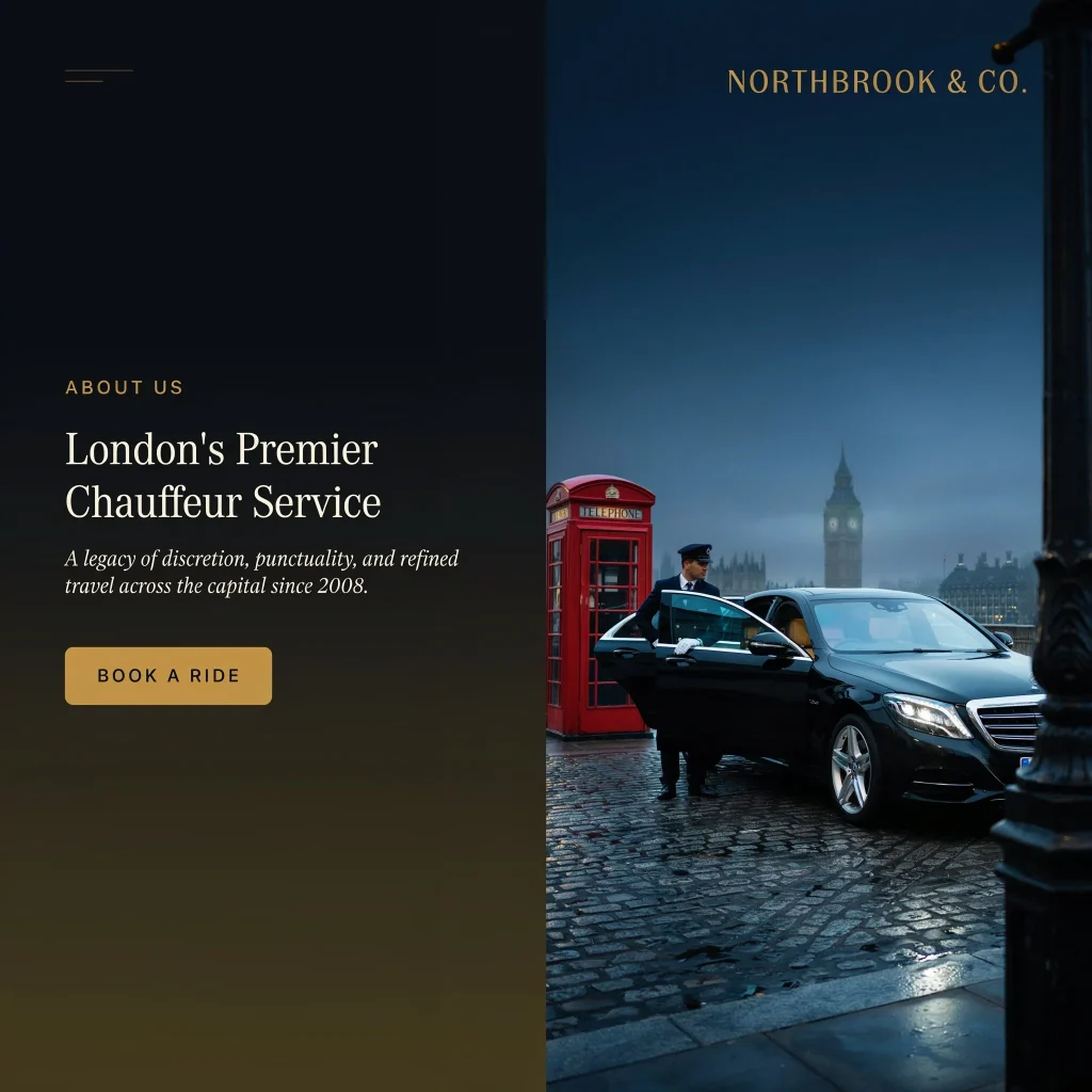 About Us – London's premier chauffeur service featuring a professional chauffeur beside a luxury sedan near a classic red telephone booth and Big Ben in London.