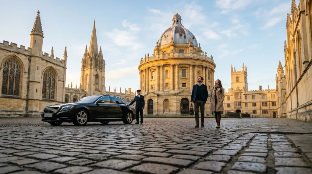 London to Oxford day trip chauffeur parked near the Radcliffe Camera with passengers exploring Oxford University